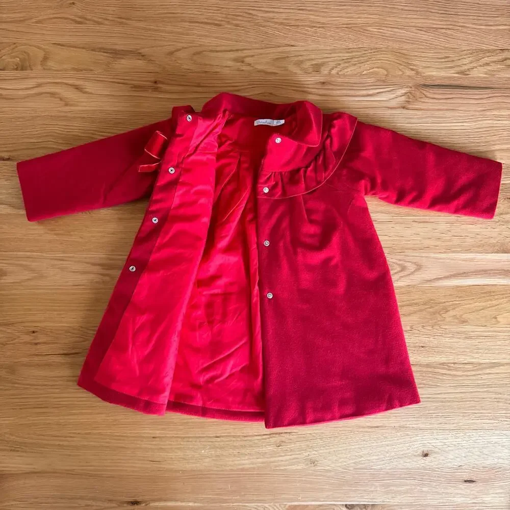 Patachou Girls Red Ruffle Collar Bow Detail Dress Coat Size 3Y